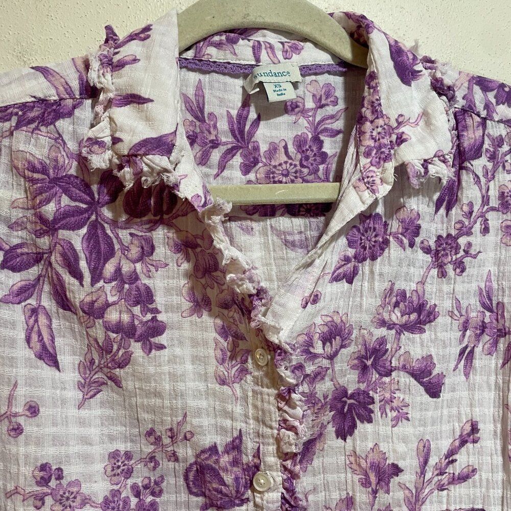 Sundance Sz XS Chantilly Blooms Button Down Top Blouse White Purple Floral Bird - Picture 4 of 12